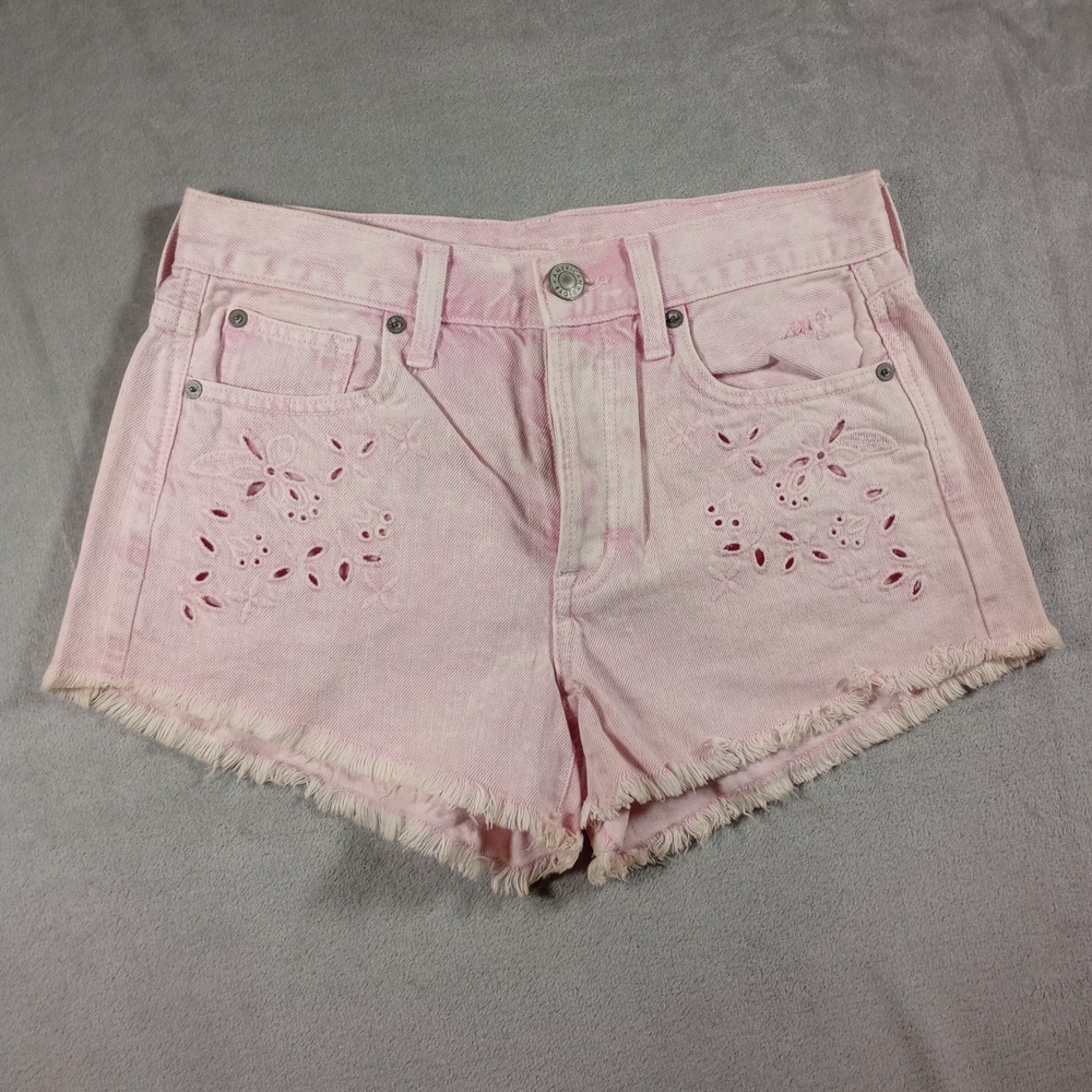 American Eagle Denim Shorts Womens 4 Pink Eyelet Acid Wash Frayed Boho Festival